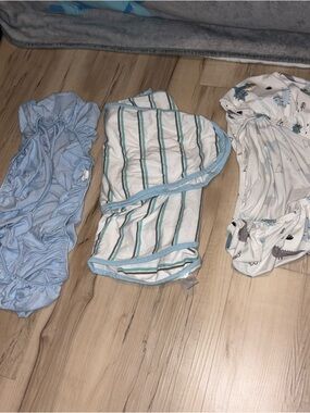 Light Blue, White & Teal Striped Sleep blanket and set of 2 Crib Sheets